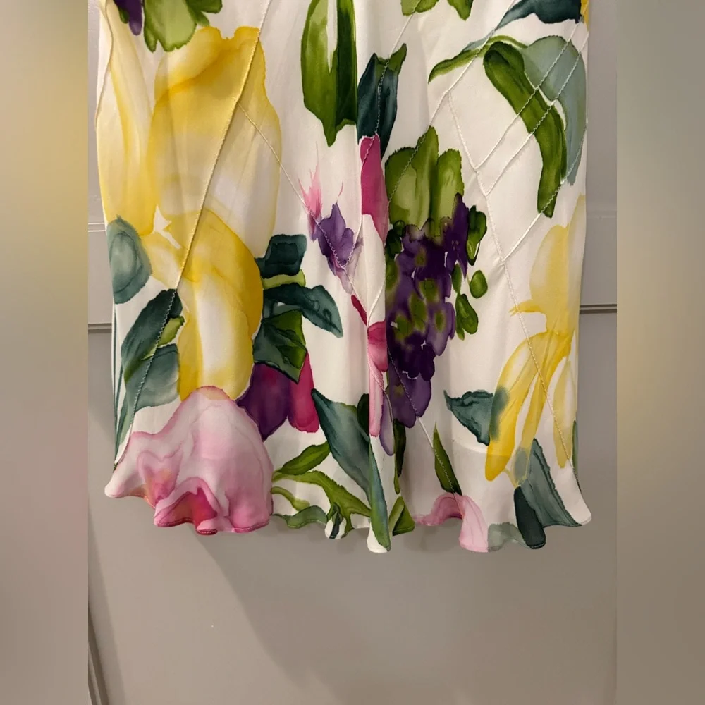 Linda Allard Floral Silk Slip Skirt in White with Yellow, Purple & Pink Blooms 8 - Picture 2 of 3